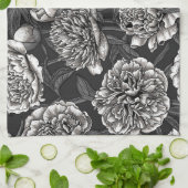 Linge De Cuisine Fleurs de pivoines blanches sur gris foncé (Plié)