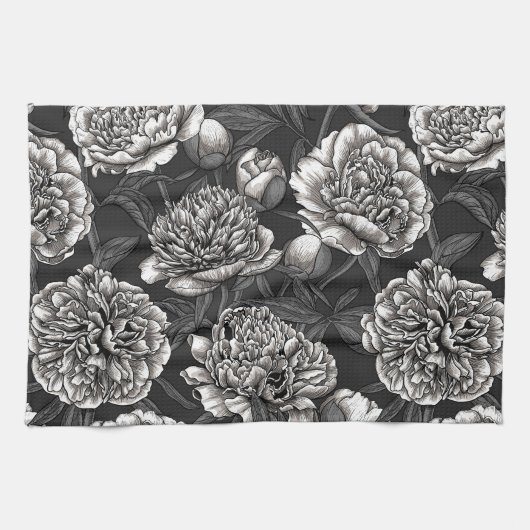 Linge De Cuisine Fleurs de pivoines blanches sur gris foncé (Horizontal)