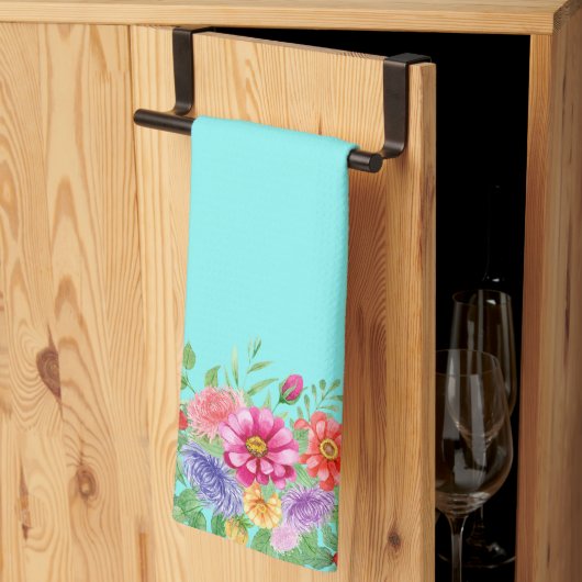Linge De Cuisine Fleurs de printemps sur Arrière - plan Turquoise (Pliage en tiers)