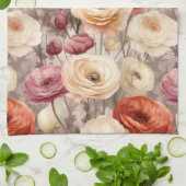 Linge De Cuisine Fleurs de Ranunculus Crème Rose Rouge (Plié)