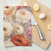 Linge De Cuisine Fleurs de Ranunculus Crème Rose Rouge (Quart Plié)