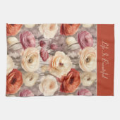 Linge De Cuisine Fleurs de Ranunculus Crème Rose Rouge (Horizontal)
