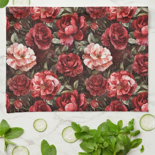 Linge De Cuisine Fleurs de rose rose rouge (Plié)