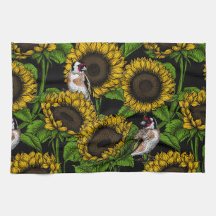 Linge De Cuisine Fleurs de soleil et ailerons sur noir