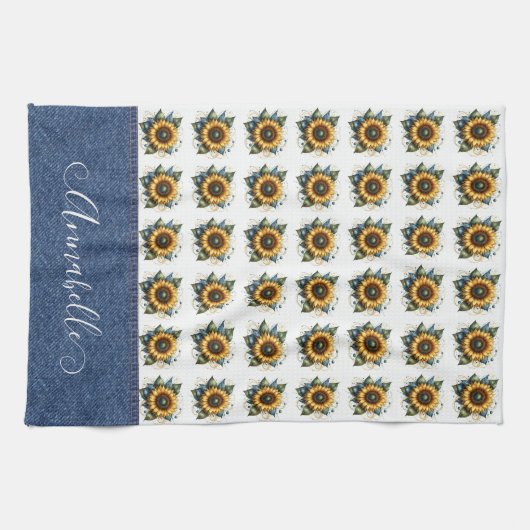 Linge De Cuisine Fleurs de soleil et Faux Denim Fancy Monogramme (Horizontal)