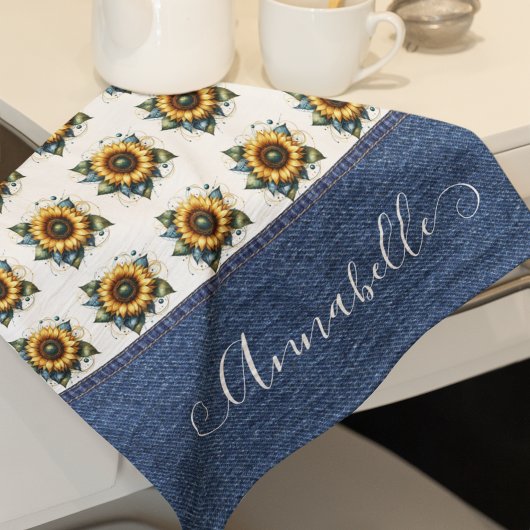 Linge De Cuisine Fleurs de soleil et Faux Denim Fancy Monogramme