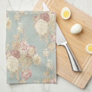 Linge De Cuisine Fleurs de style shabby chic bleues blanches et ros