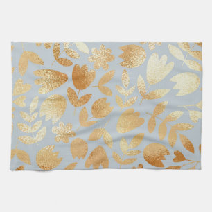 Linge De Cuisine Fleurs d'or, arrière - plan bleu, imitation feuill