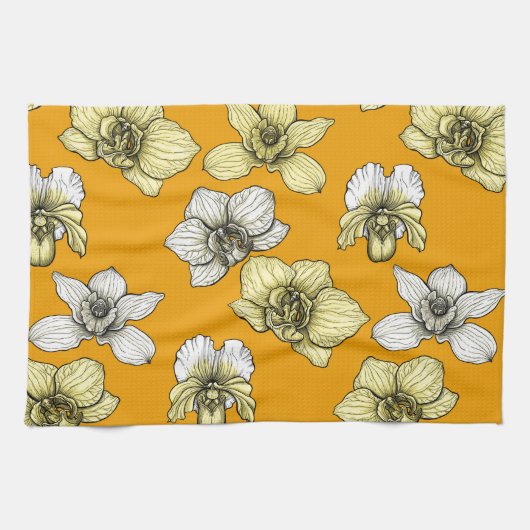 Linge De Cuisine Fleurs d'orchidées jaune et blanc (Horizontal)