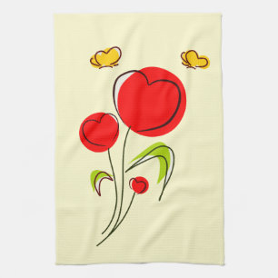 Linge De Cuisine Fleurs du Coeur Rouge mignonnes et papillons jaune
