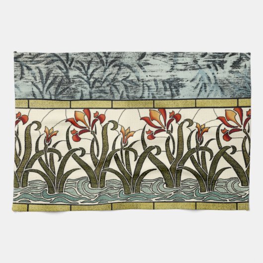 Linge De Cuisine Fleurs en verre tendu avec bordure en tan (Horizontal)