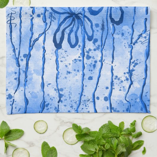 Linge De Cuisine Fleurs encrées Ciel bleu (Plié)