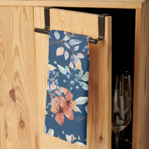 Linge De Cuisine Fleurs et baies à l'aquarelle sur fond bleu marine