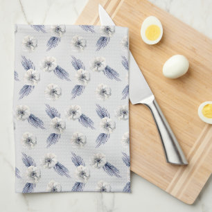 Linge De Cuisine Fleurs et feuillages bleu argenté et blanc