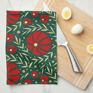 Linge De Cuisine Fleurs et feuilles rouges dessinées à la main pour