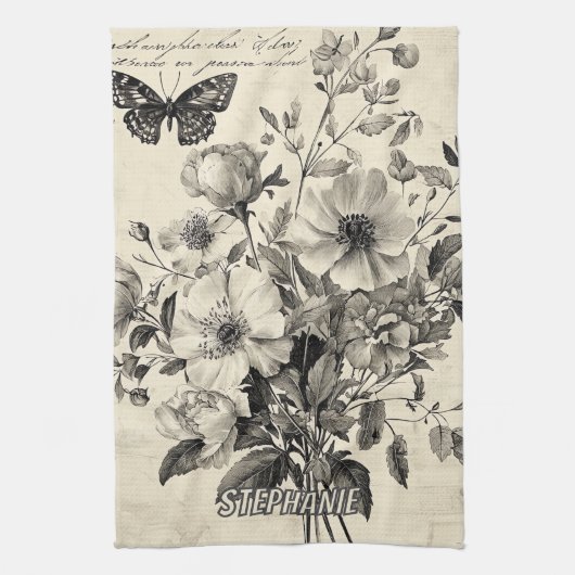 Linge De Cuisine Fleurs et papillons rustiques - Papier vieilli (8) (Vertical)