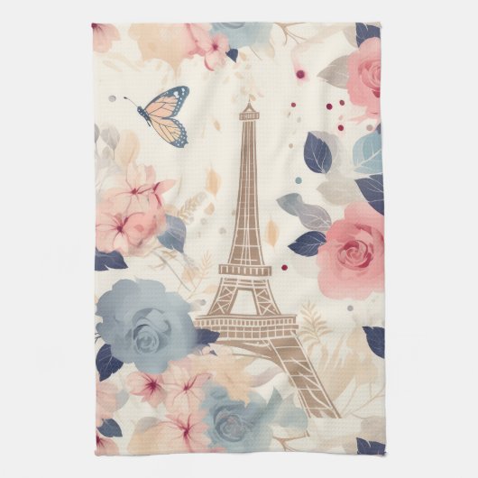 Linge De Cuisine Fleurs et Tour Eiffel Paris Motif de voyage (Vertical)