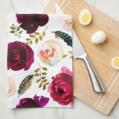Linge De Cuisine Fleurs florales Roses Motifs Boho Bourgogne (Quart Plié)
