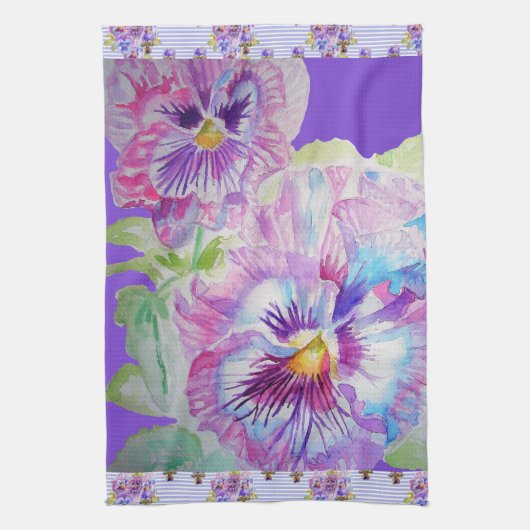 Linge De Cuisine Fleurs florales violettes Pansy Aquarelle Tea Serv (Vertical)