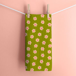 Linge De Cuisine Fleurs hippies rétro sur vert olive