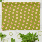 Linge De Cuisine Fleurs hippies rétro sur vert olive (Plié)
