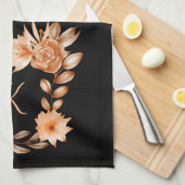 Linge De Cuisine Fleurs noir marron et pêche avec monogramme (Quart Plié)
