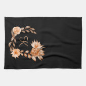 Linge De Cuisine Fleurs noir marron et pêche avec monogramme (Horizontal)
