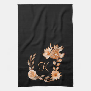 Linge De Cuisine Fleurs noir marron et pêche avec monogramme