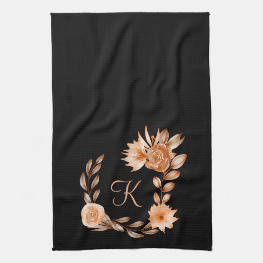 Linge De Cuisine Fleurs noir marron et pêche avec monogramme (Vertical)