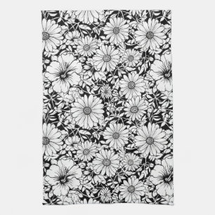 Linge De Cuisine Fleurs noires et blanches, motif sans couture vint