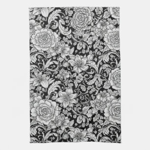 Linge De Cuisine Fleurs noires et blanches, motif sans couture vint