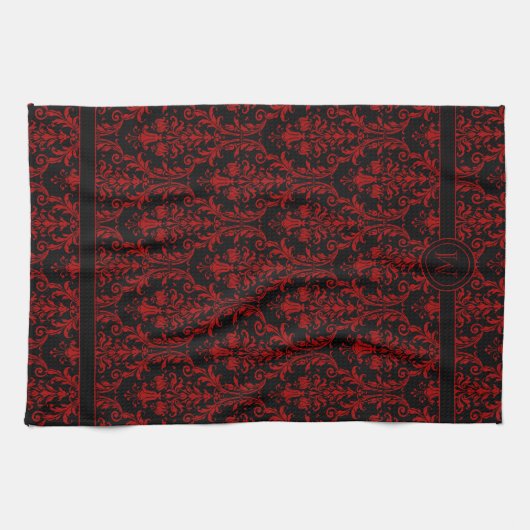 Linge De Cuisine Fleurs noires et rouges Fils Damas 3 Monogrammes (Horizontal)