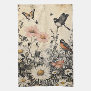 Linge De Cuisine Fleurs, oiseaux et papillon sur papier vieilli