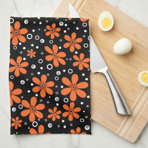 Linge De Cuisine Fleurs orange vif sur un arrière - plan noir avec