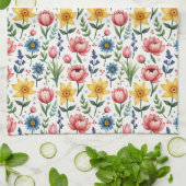 Linge De Cuisine Fleurs printanières en bleu rose et jaune (Plié)