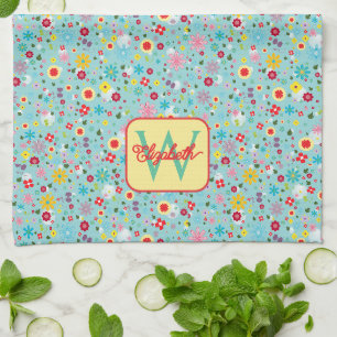Linge De Cuisine Fleurs printanières sur monogramme bleu aqua