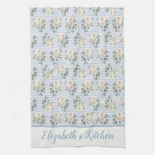 Linge De Cuisine Fleurs rayées bleu blanc personnalisées vintage