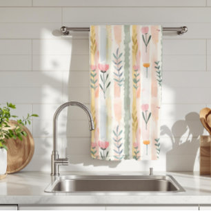 Linge De Cuisine Fleurs rayées pastel aquarelle vintage