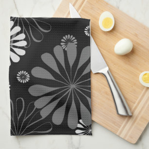 Linge De Cuisine Fleurs rétro noir et blanc