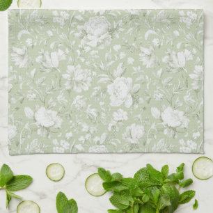 Linge De Cuisine Fleurs romantiques vertes et blanches