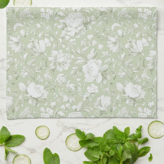 Linge De Cuisine Fleurs romantiques vertes et blanches   (Plié)
