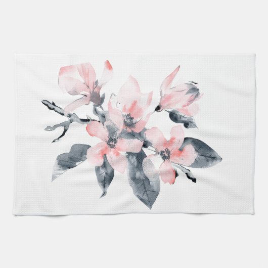 Linge De Cuisine Fleurs rose et gris Aquarelle classique (Horizontal)