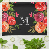 Linge De Cuisine Fleurs rose rouge orange sur noir (Plié)