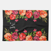 Linge De Cuisine Fleurs rose rouge orange sur noir (Horizontal)
