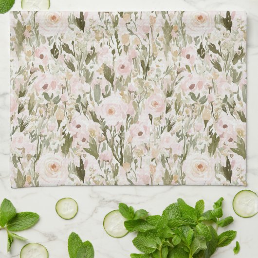 Linge De Cuisine Fleurs Rose Tendres de Teint Blush (Plié)