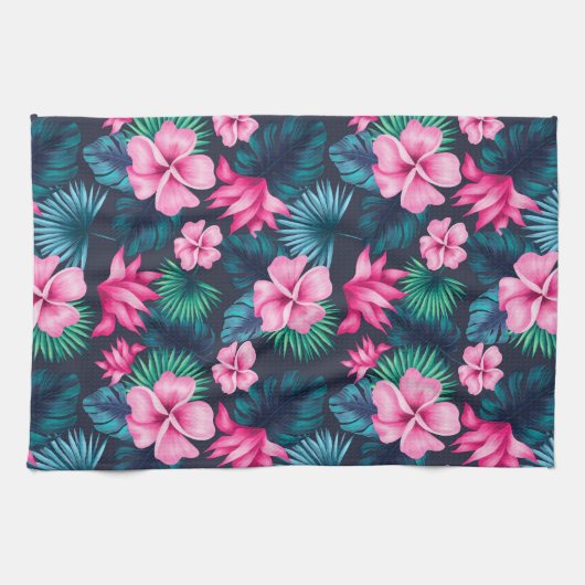 Linge De Cuisine Fleurs roses avec Feuilles verts Partern-79066 (Horizontal)
