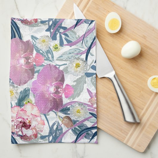 Linge De Cuisine Fleurs roses et orchidées. (Quart Plié)