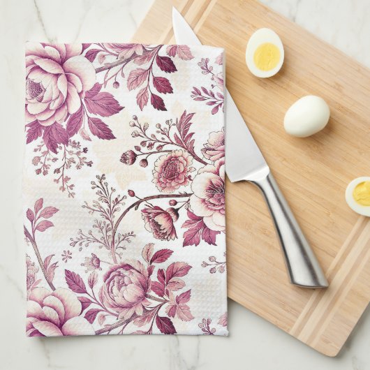 Linge De Cuisine fleurs roses et rouge foncé (Quart Plié)