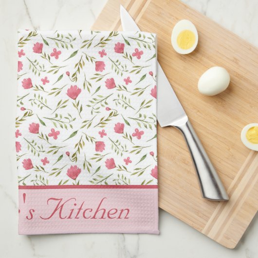 Linge De Cuisine Fleurs roses et vertes personnalisées avec monogra (Quart Plié)