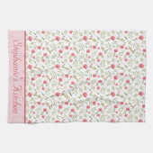 Linge De Cuisine Fleurs roses et vertes personnalisées avec monogra (Horizontal)